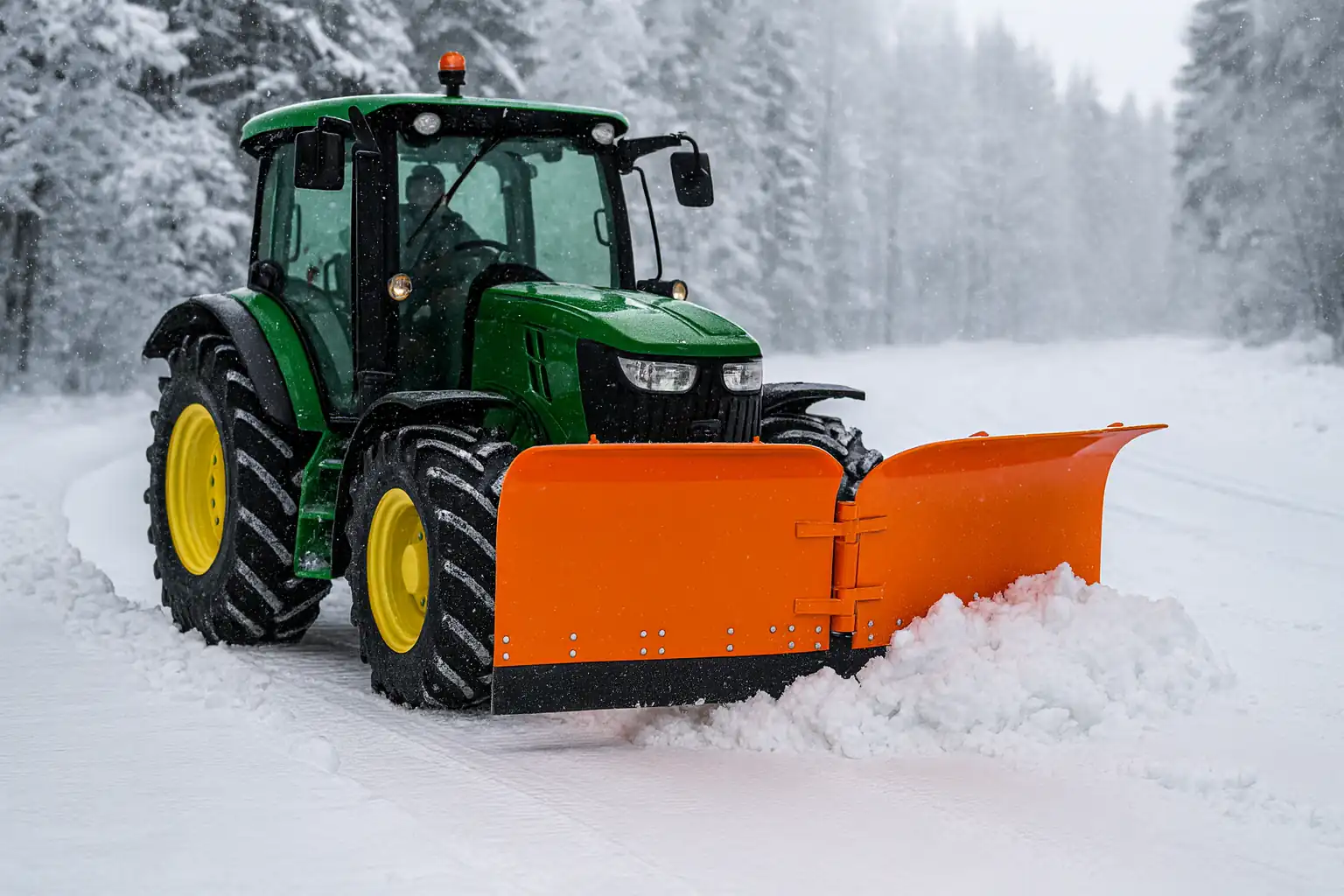 Traktor z pługiem do śniegu odśnieżający drogę w zimowym lesie.