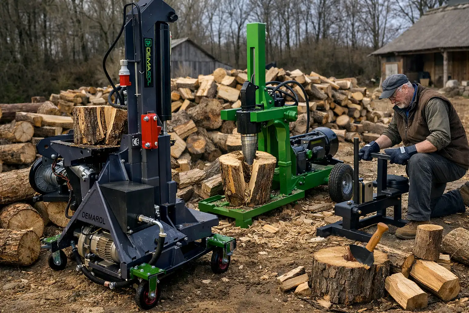 Hydrauliczna łuparka do drewna przygotowująca polana z grubych kłód na opał w gospodarstwie rolnym