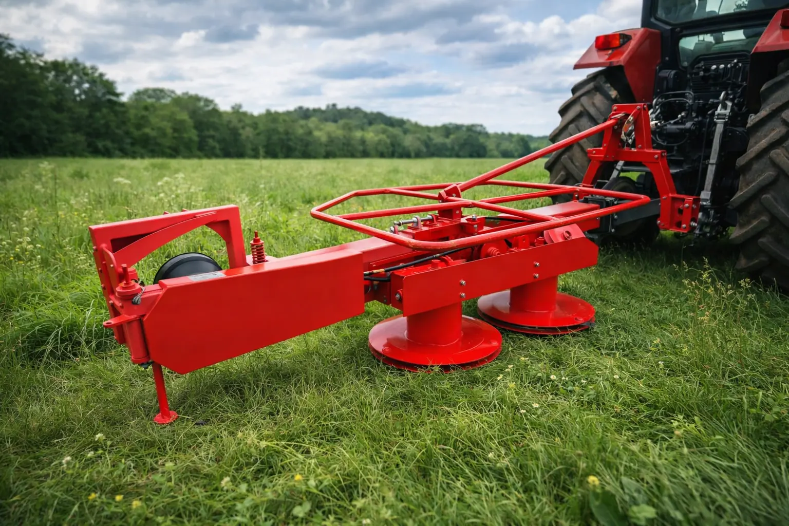 Kosiarka rotacyjna dwubębnowa pracująca na łące podłączona do ciągnika