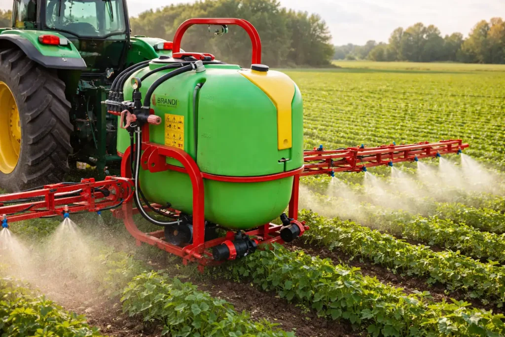 Fotorealistyczne zdjęcie przedstawiające pryskiwacz rolniczy pracujący na polu uprawnym. Maszyna wykonuje oprysk roślin w naturalnych warunkach, a kadr w poziomie dobrze oddaje praktyczne zastosowanie urządzenia w gospodarstwie rolnym.
